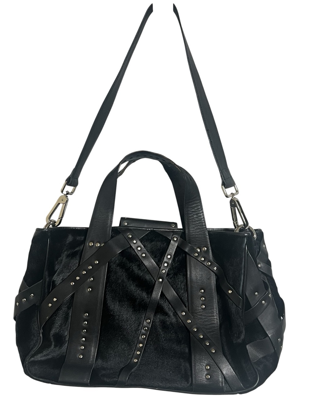 Donald J Pliner black calf hair and leather strappy silver studded satchel bag - Picture 3 of 11